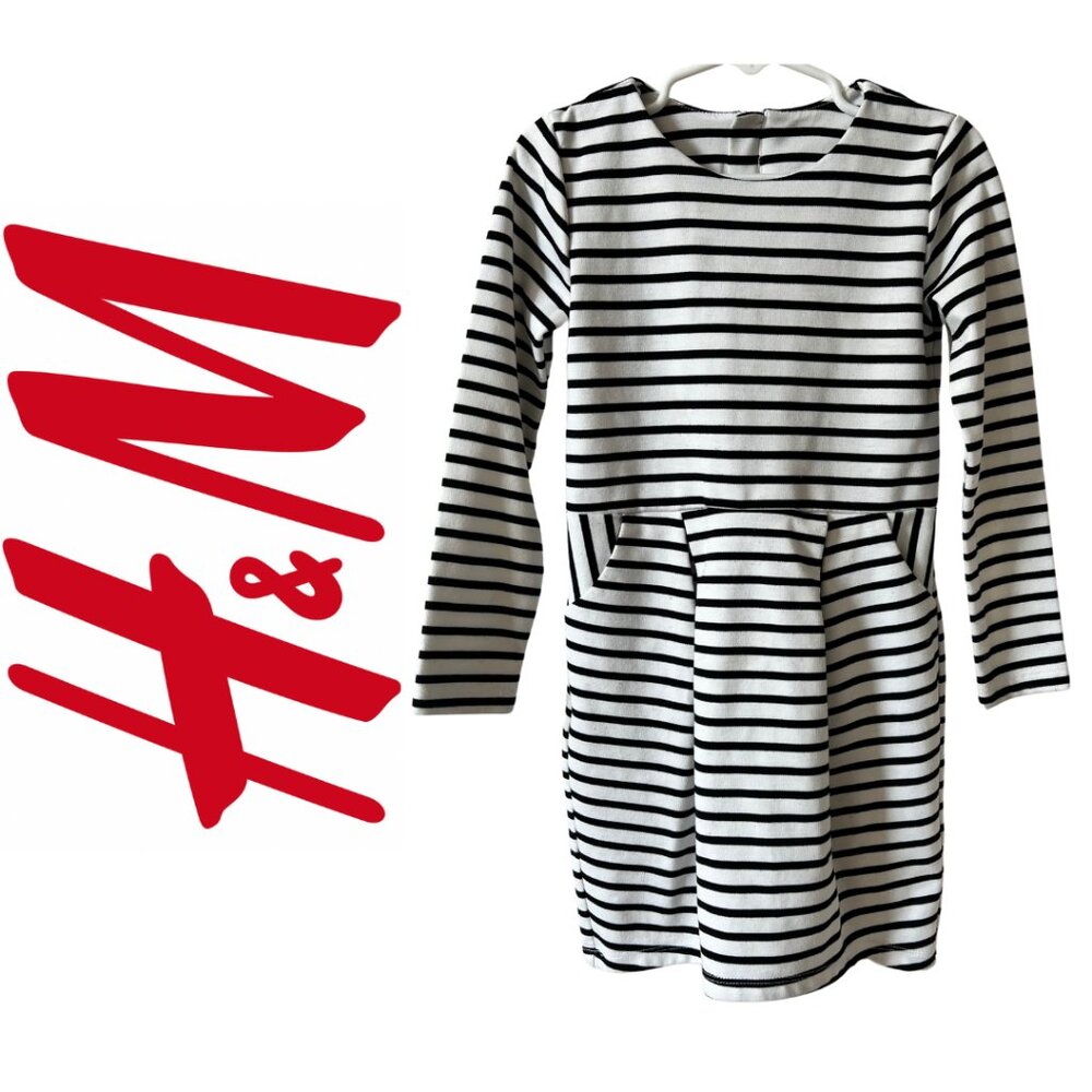 H&M Little Girls long sleeve Dress Youth 4-6, black and white stripe